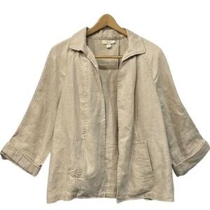 Charter Club Luxury 100% Linen Women Lg Jacket Khaki Open‎ Front Raglan Sleeve